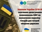 Законом України  3219-ІХ скасовано делегування повноважень КМУ на визначення переліку товарів на потреби оборони держави